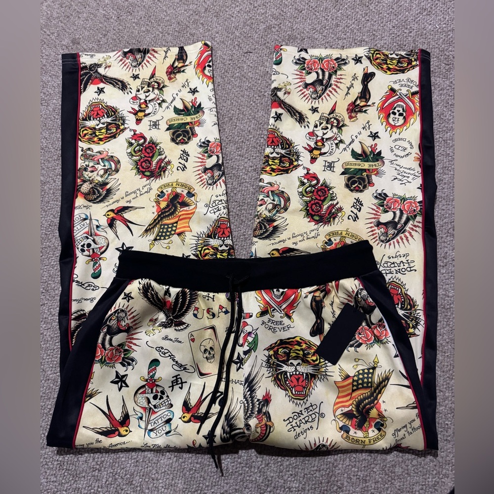 Ed Hardy Tattoo Print Wide-Leg Pants